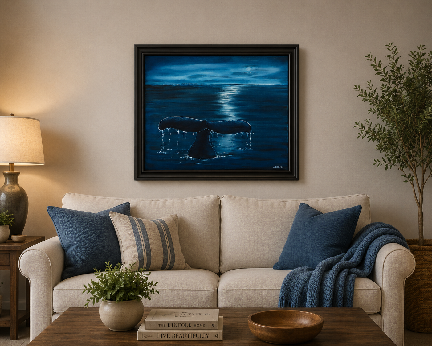 original 16x20 oil painting, moody skies, ocean, whale flukes, framed in black displayed over sofa