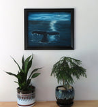 original 16x20 oil painting, moody skies, ocean, whale flukes, framed in black, displayed over table