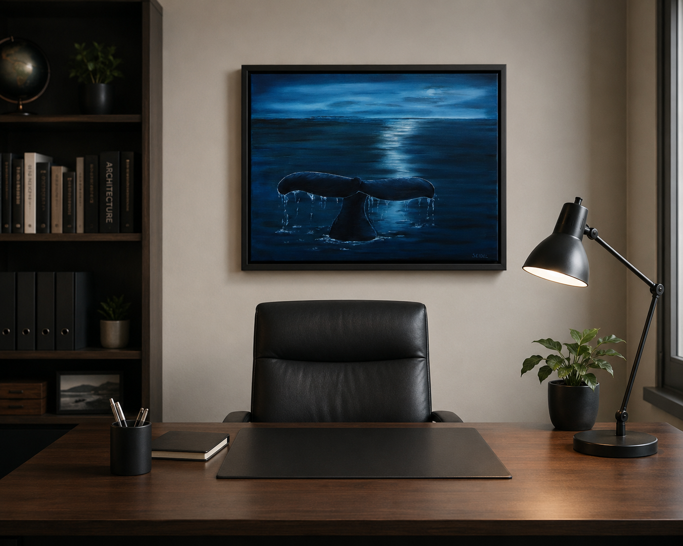 original 16x20 oil painting, moody skies, ocean, whale flukes, framed in black displayed behind office desk
