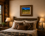  8x10 original acrylic painting of wild mustangs on canvas board in ornate frame, after Maynard Dixon, shown over a bed.