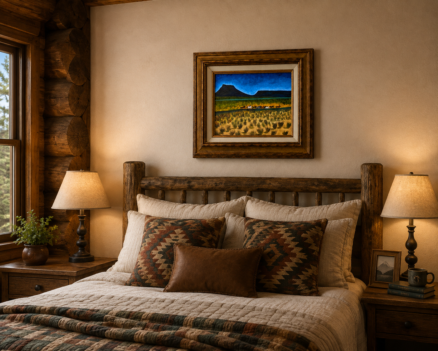  8x10 original acrylic painting of wild mustangs on canvas board in ornate frame, after Maynard Dixon, shown over a bed.