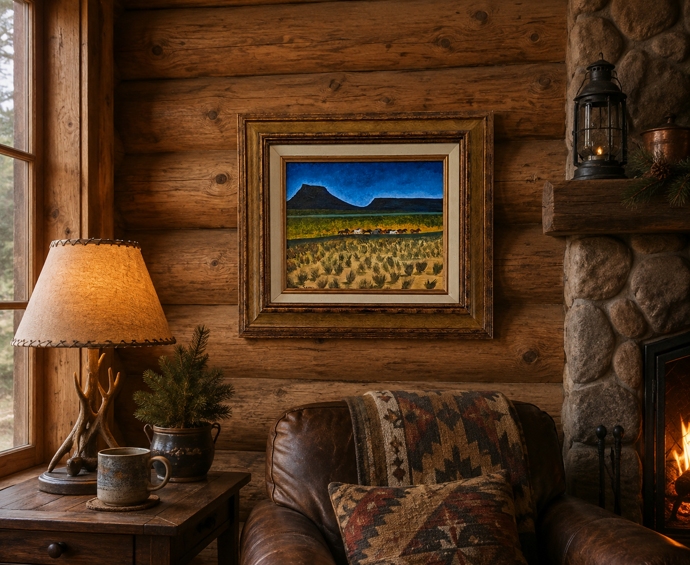 8x10 original acrylic painting of wild mustangs on canvas board in ornate frame, after Maynard Dixon.