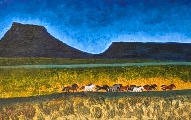 Close up of Wild Mustangs in countryside. 8x10 original acrylic painting on canvas board in ornate frame, after Maynard Dixon