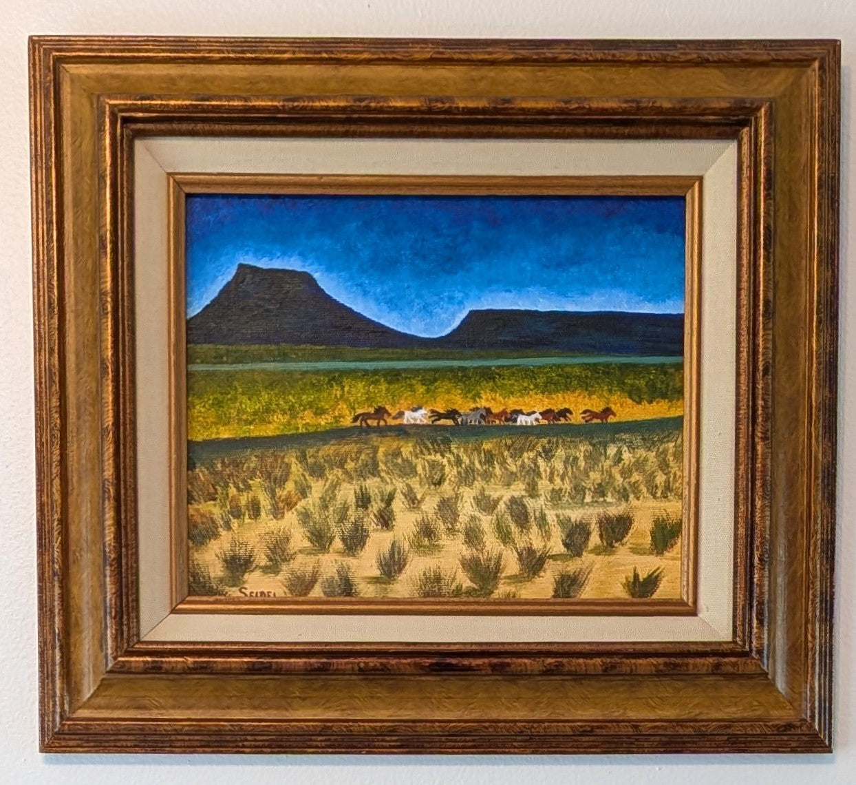 8x10" original acrylic painting of wild mustangs on canvas board in ornate frame, after Maynard Dixon