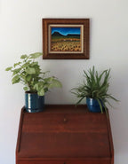 Wild Mustangs in countryside. 8x10 original acrylic painting on canvas board in ornate frame, after Maynard Dixon, shown over secretary desk
