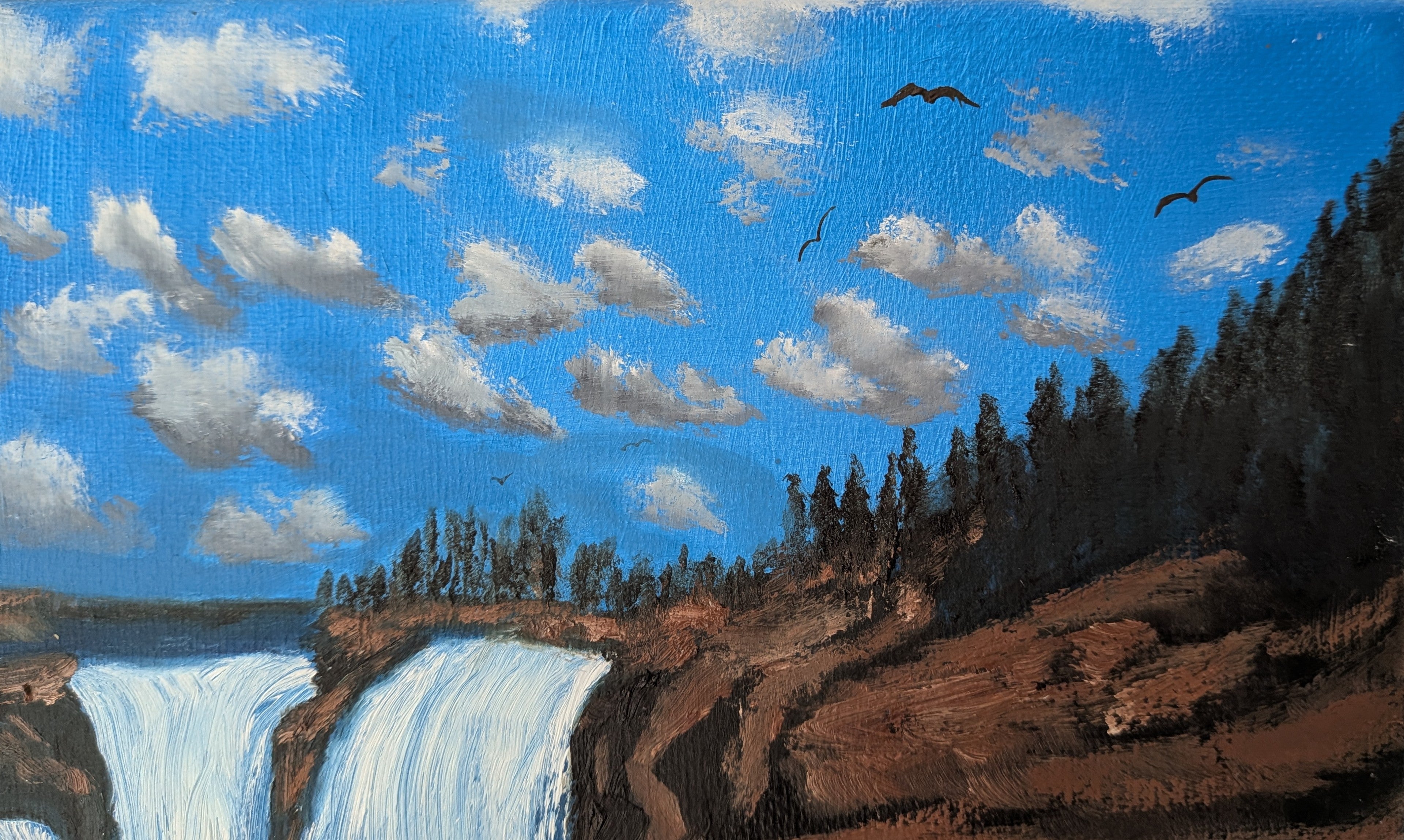 original oil painting, waterfalls, cliffs with trail, tiny bird, unframed, closeup of birds clouds and top of waterfalls