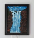 12x16" original oil painting, waterfalls, cliffs with trail, tiny bird, framed