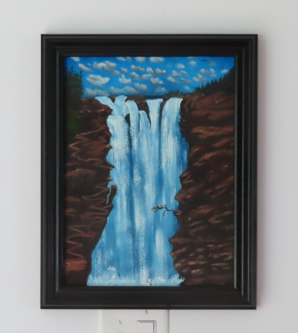 12x16" original oil painting, waterfalls, cliffs with trail, tiny bird, framed