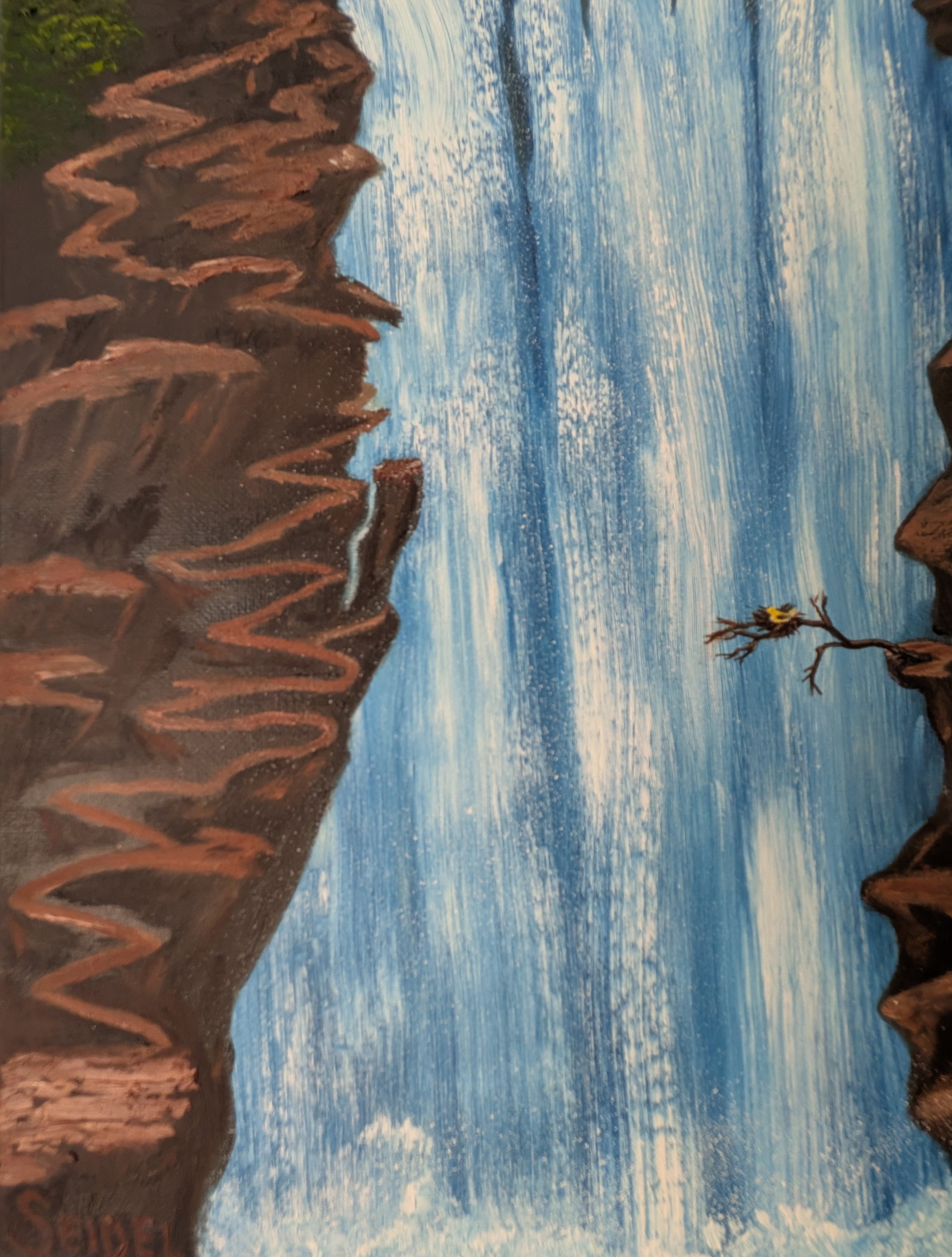 original oil painting, waterfalls, cliffs with trail, tiny bird, unframed, closeup of bird