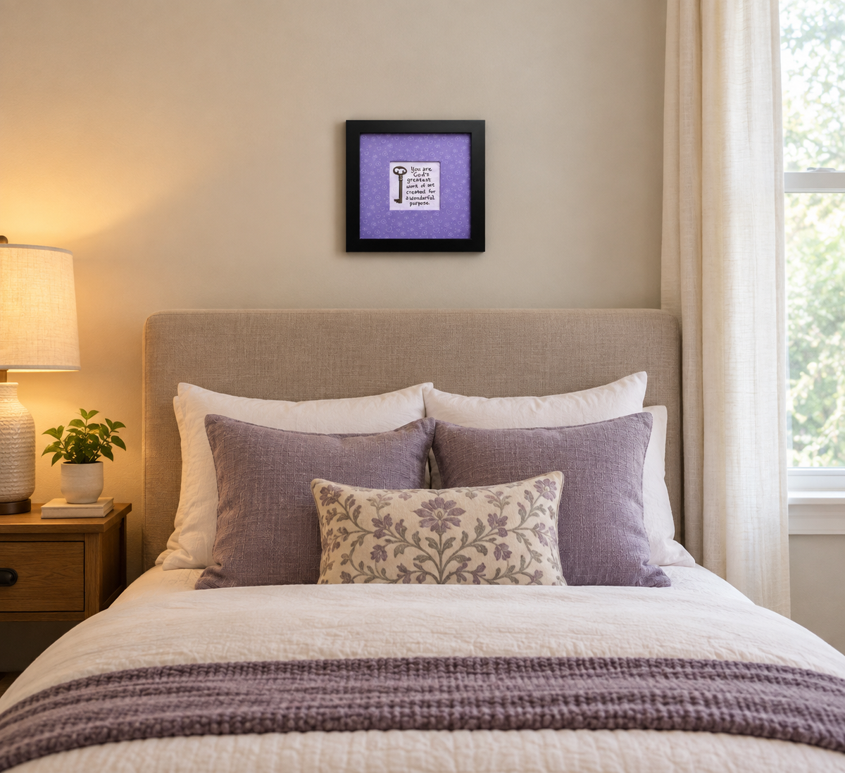 An 8x8" original framed artwork with a purple background and a black frame, featuring a textual message 'You are a work of art' alongside a key, shown over a bed.