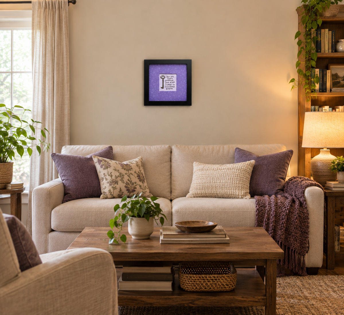 An 8x8" original framed artwork with a purple background and a black frame, featuring a textual message 'You are a work of art' alongside a key, displayed in a cozy livingroom.