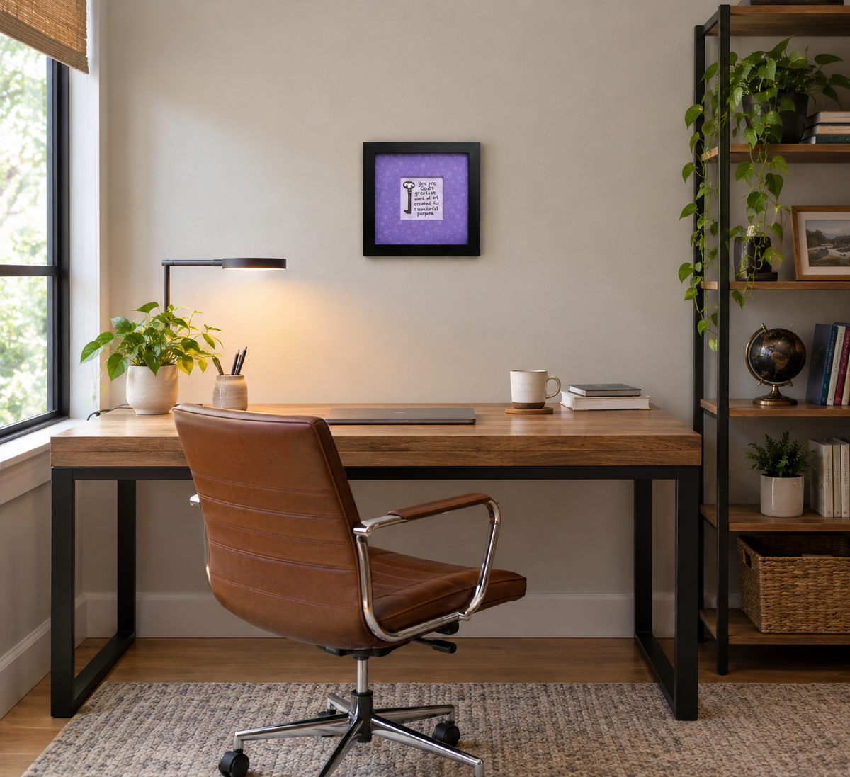 An 8x8" original framed artwork with a purple background and a black frame, featuring a textual message 'You are a work of art' alongside a key, shown in a modern office