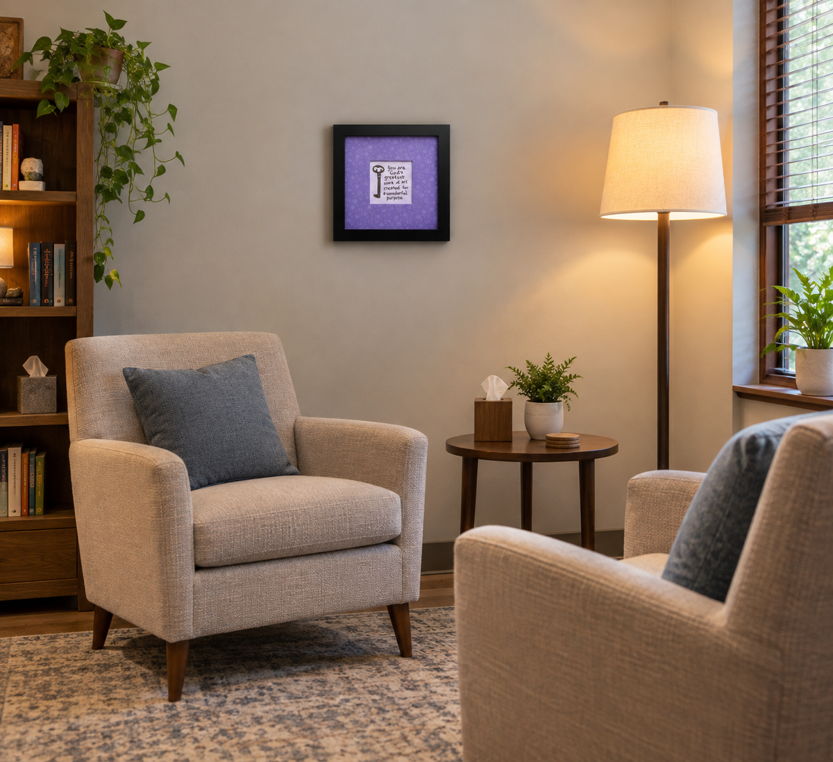 An 8x8" original framed artwork with a purple background and a black frame, featuring a textual message 'You are a work of art' alongside a key, shown in a therapist's office