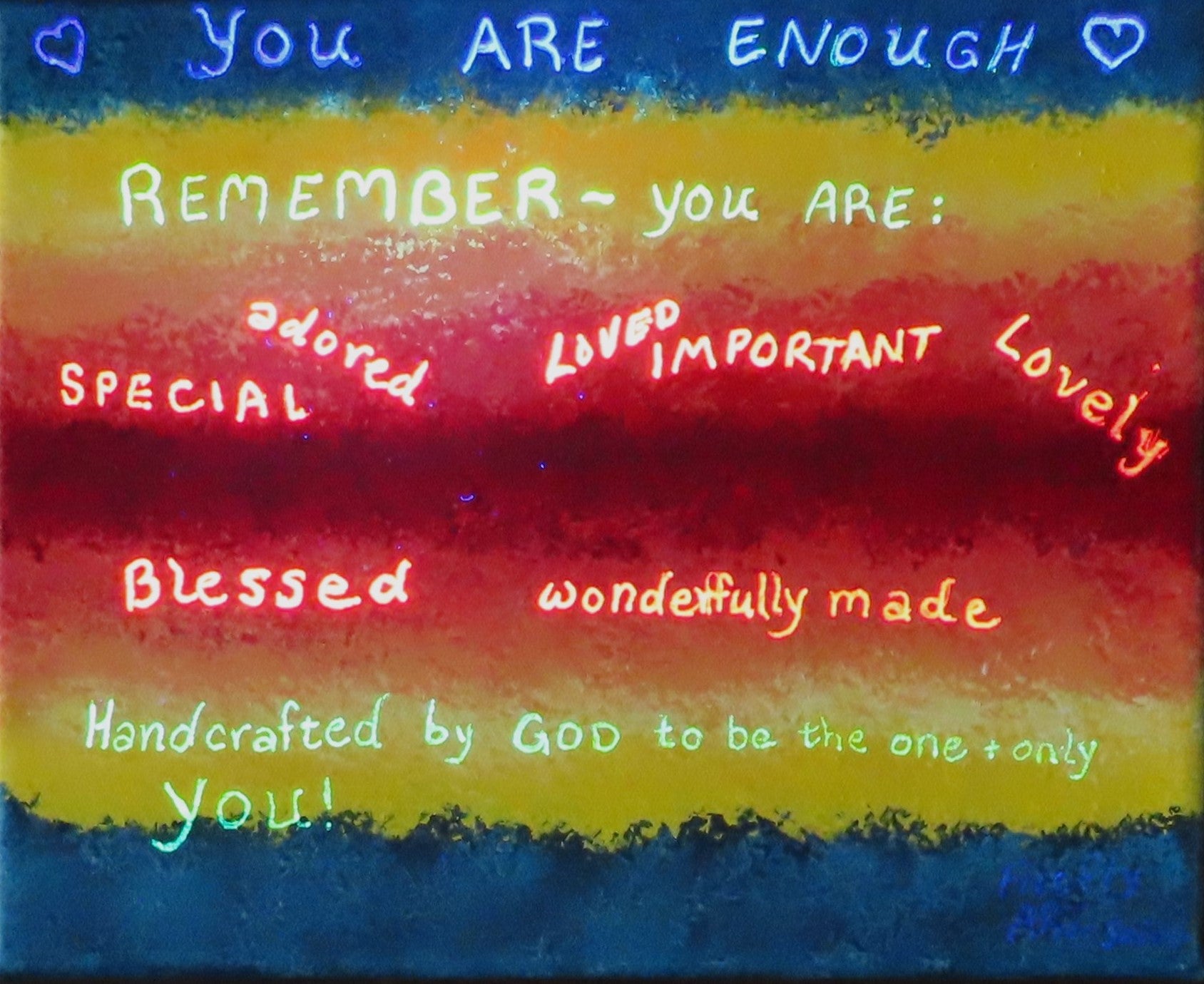 abstract acrylic bright rainbow colors original specialty  piece with secret imspirational message showing under UV flashlight 