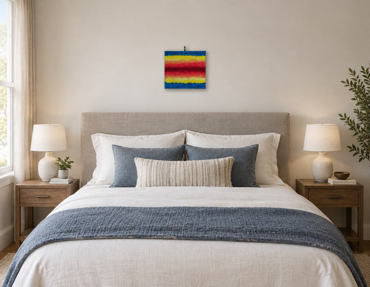 Original Acrylic sponge painted abstract on 8x10" canvas, colorful rainbow with (secret messages hidden here) shown over a bed