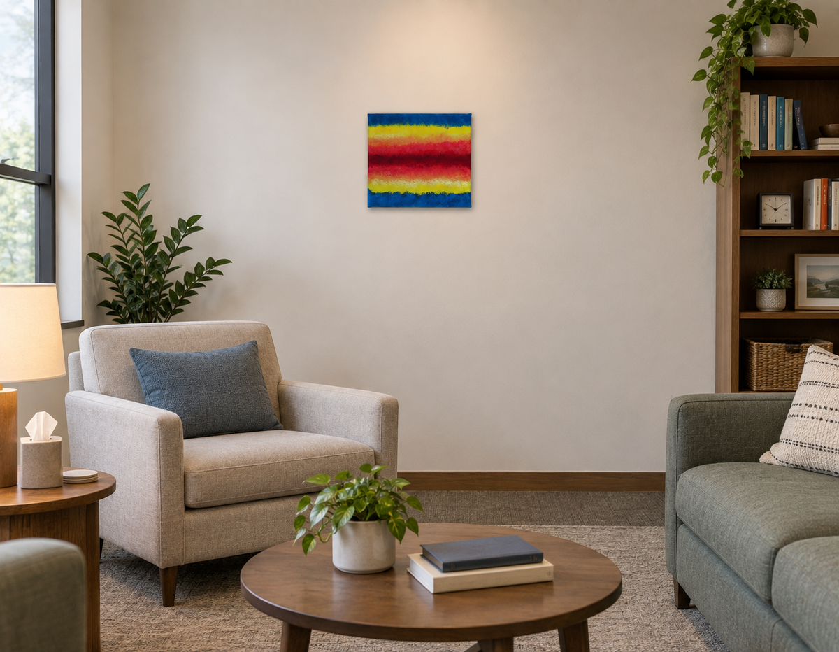 Original Acrylic sponge painted abstract on 8x10" canvas colorful rainbow with secret messages (hidden here) shown in a therapist's office.