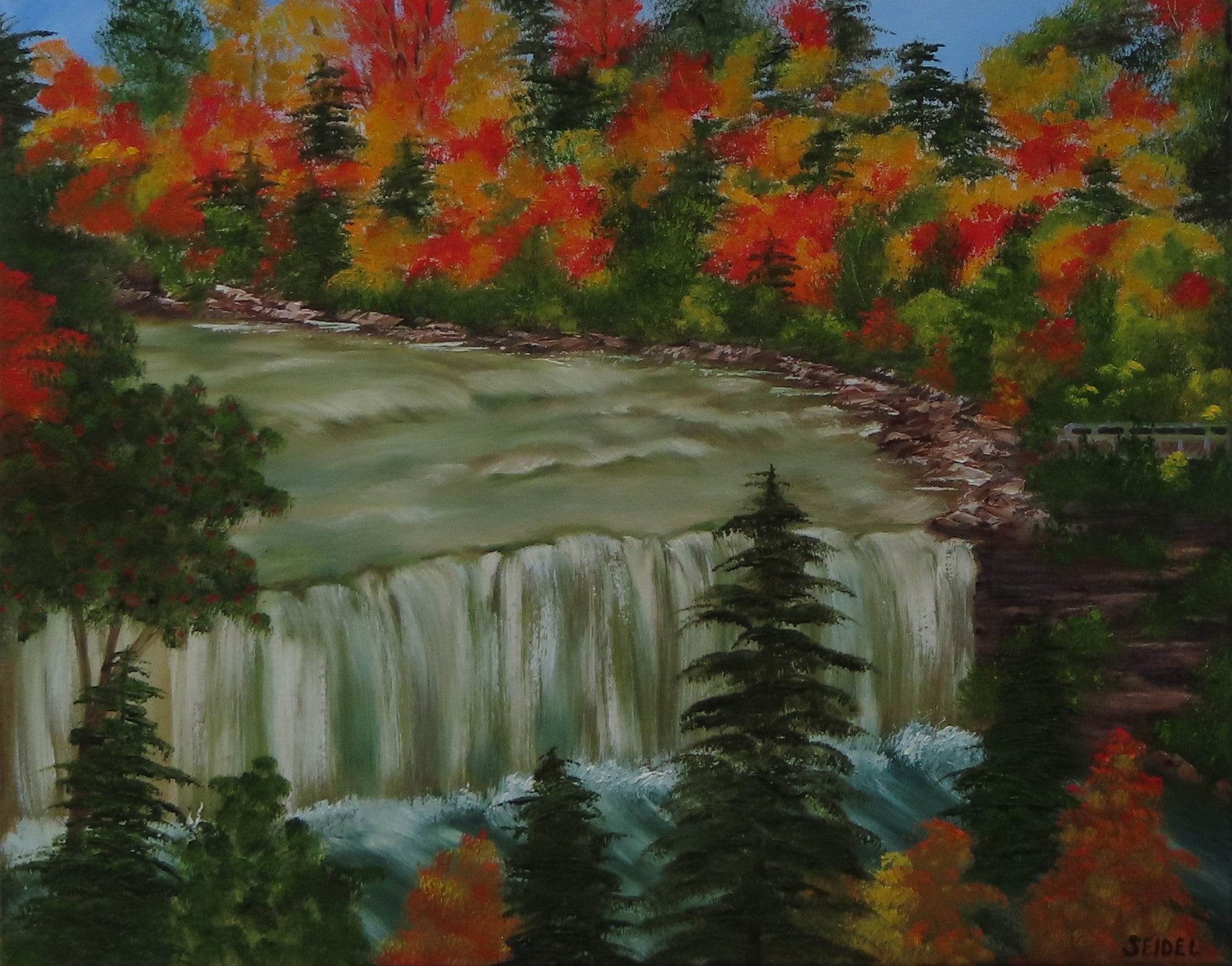 painting of bright autumn colors contrast with evergreens and waterfalls