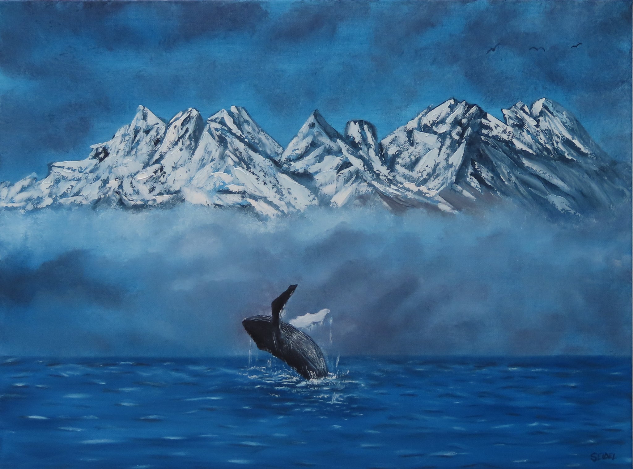 Humpback whale breaches in front of misty mountains, original oil painting