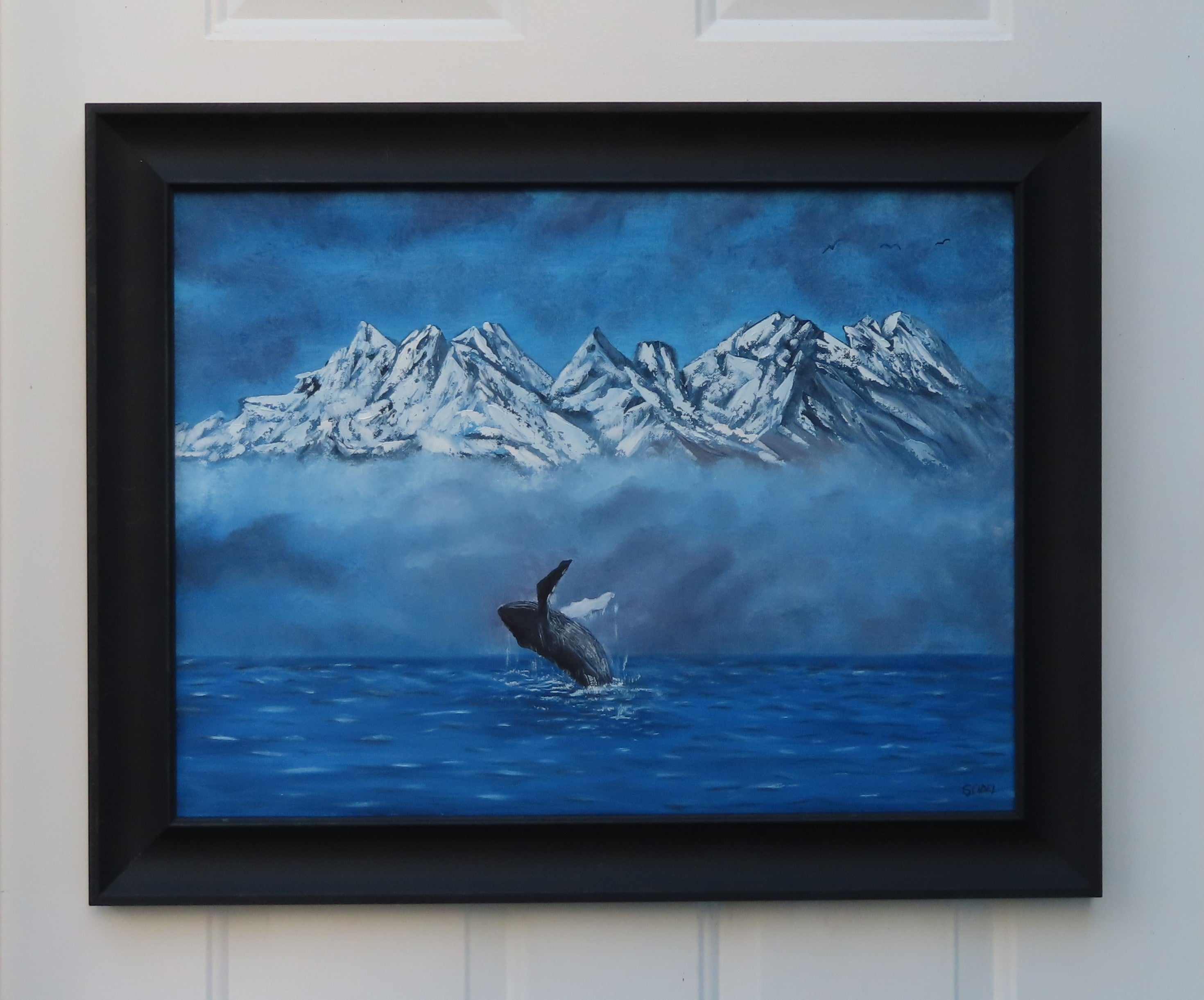 humpback whale breaches in front of misty mountains, original oil painting framed