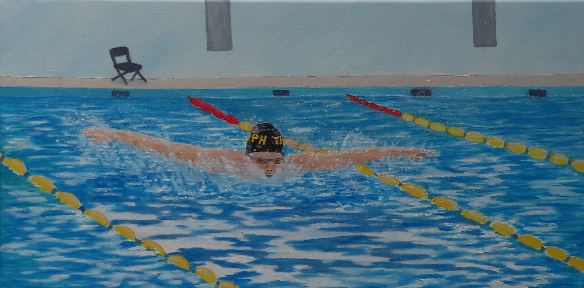 swimmer performing butterfly stroke, original oil painting