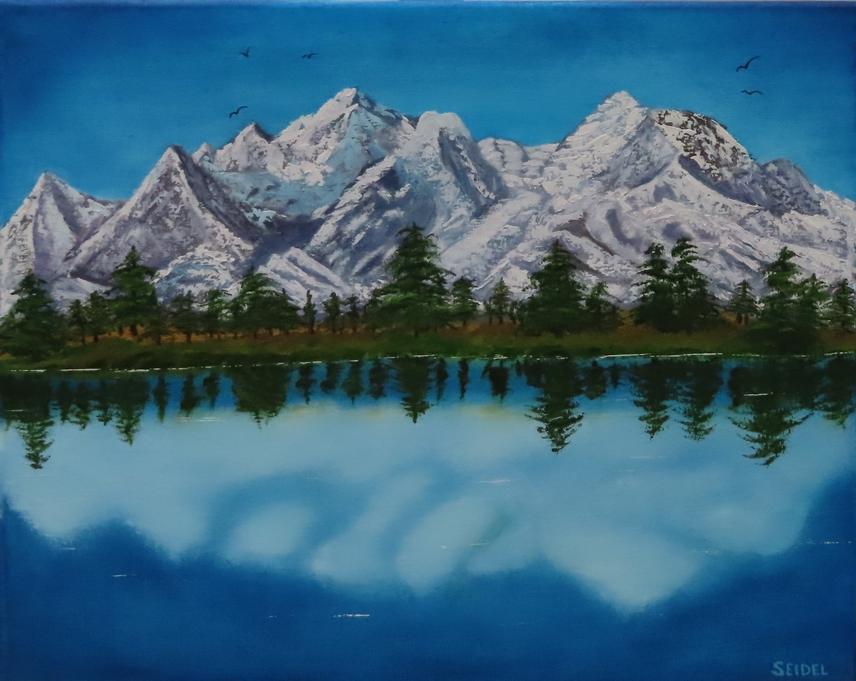 original oil painting, mountains in Denali, reflected in water, unframed