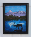 original oil painting, moose, lake, mountains, framed