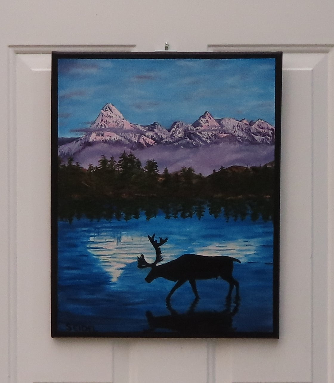 original oil painting, moose, lake, mountains, unframed, black painted border