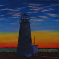 original oil painting, sunset, wispy clouds, ocean, lighthouse, unframed