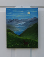 Original oil painting of a misty morning in the mountains, moon, lakes, deer in meadow, unframed