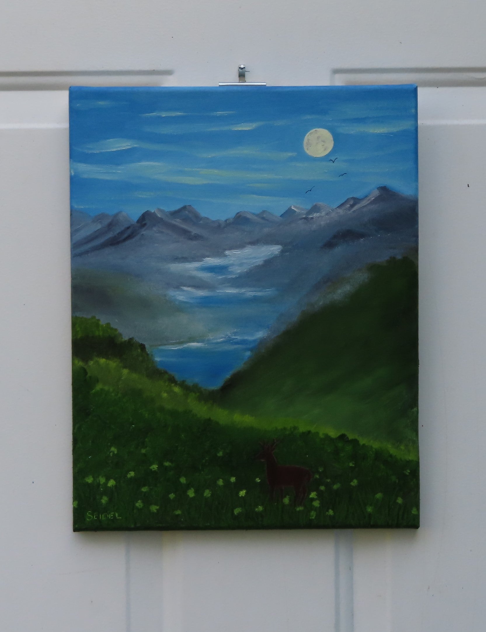 Original oil painting of a misty morning in the mountains, moon, lakes, deer in meadow, unframed