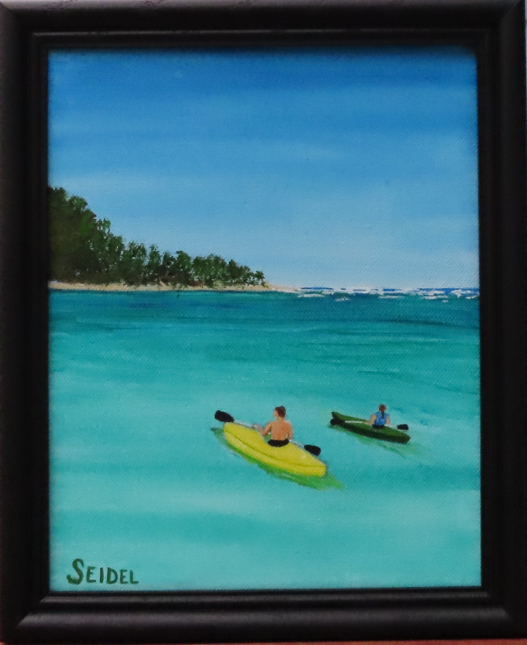 original oil painting, ocean, waves, islands, kayakers, framed