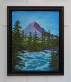 original oil painting, mountain, rushing river, evergreens, framed