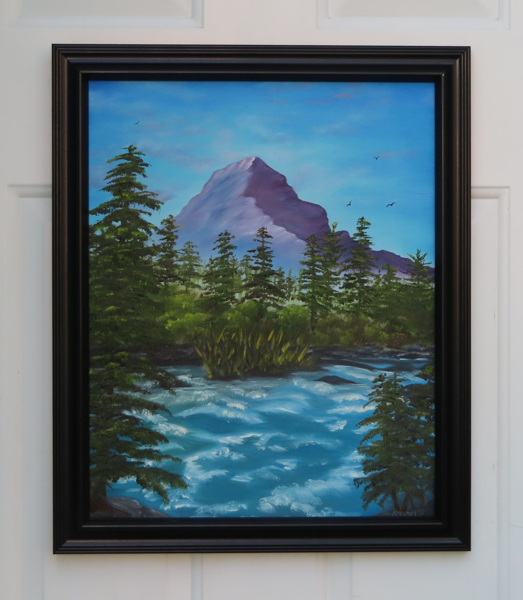 original oil painting, mountain, rushing river, evergreens, framed