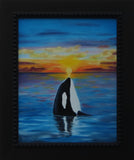 original oil painting, orca whale seems to watch sunset, framed