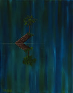 original oil painting of tiny tree on a log in the river, inspiring in lovely colors, unframed