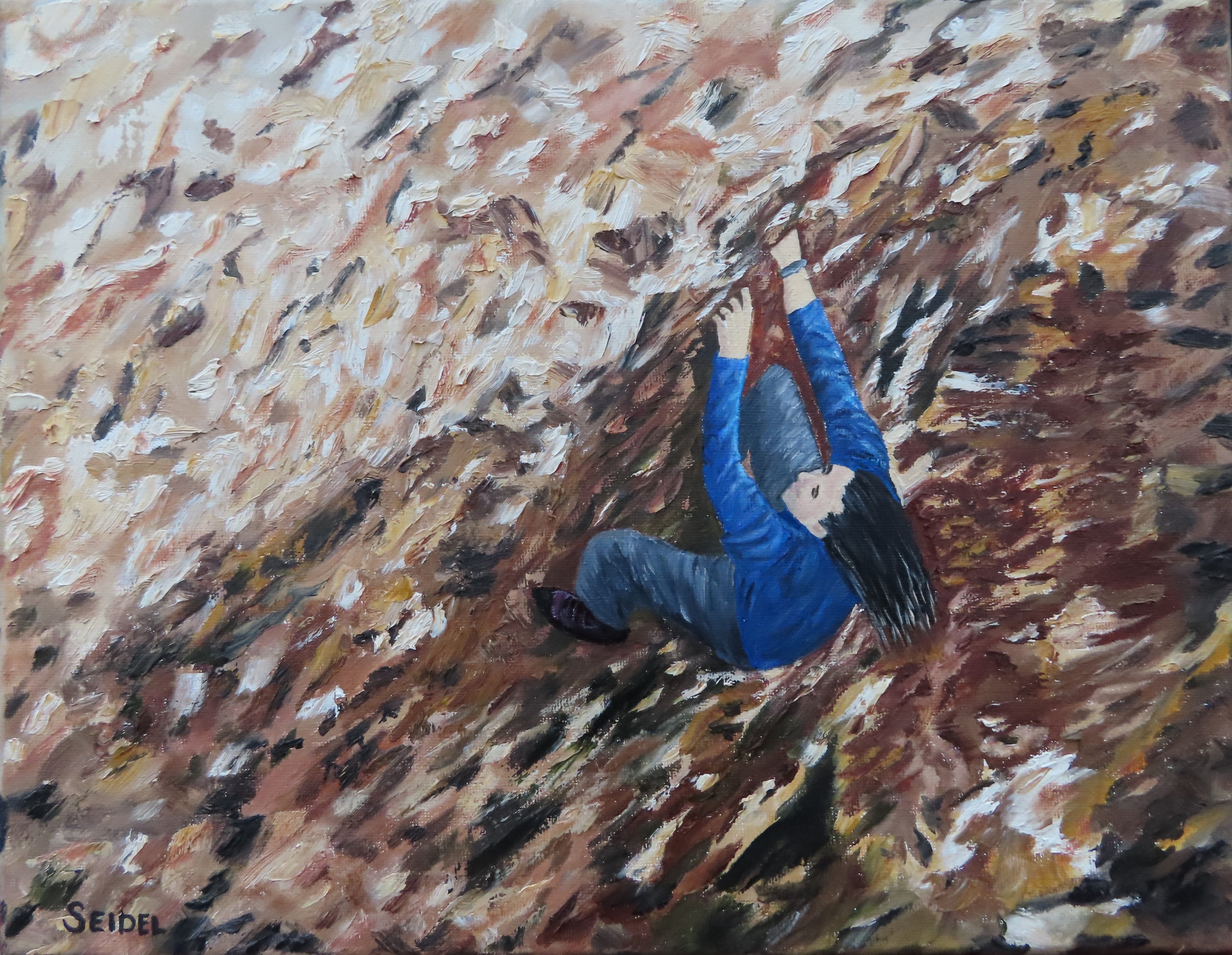 Original oil painting, impasto style, rock climber  on the rock wall, unframed