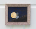 Original oil painting on panel, super moon rising behind lighthouse, specialty framed