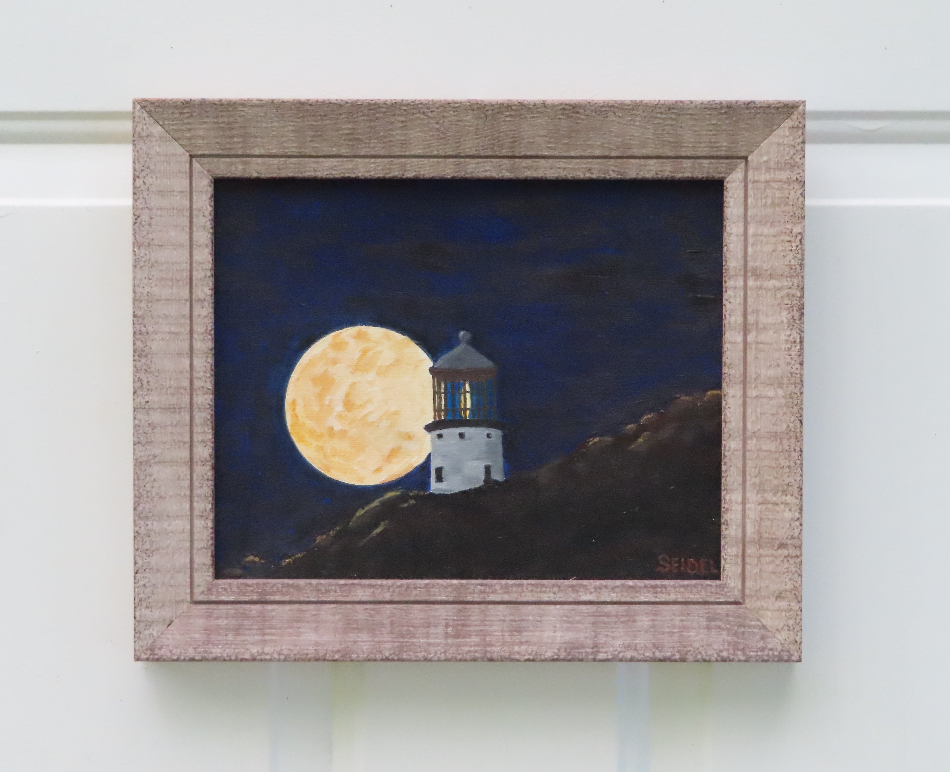 Original oil painting on panel, super moon rising behind lighthouse, specialty framed