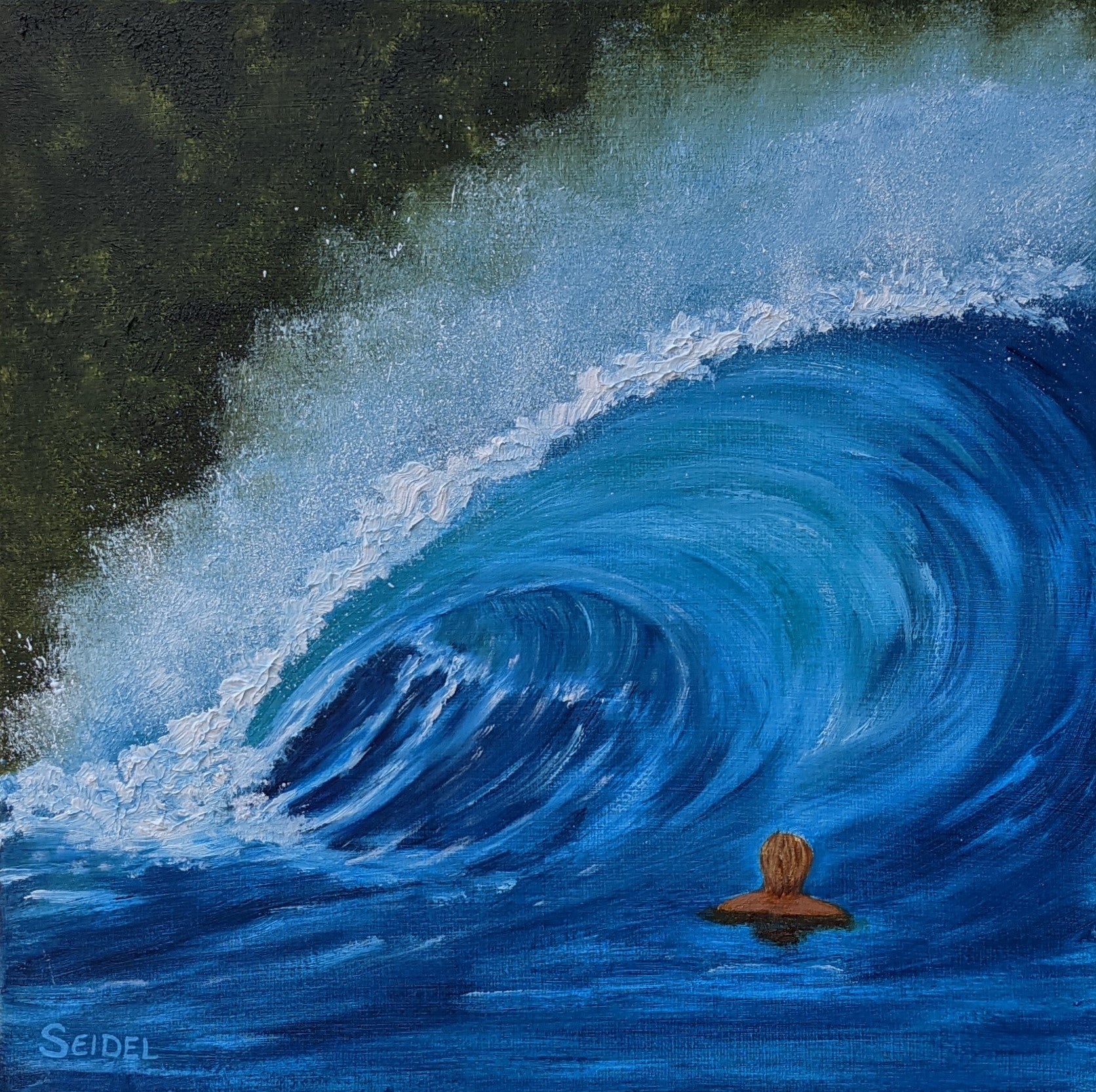 original oil painting, surfer viewing a large crashing wave, unframed
