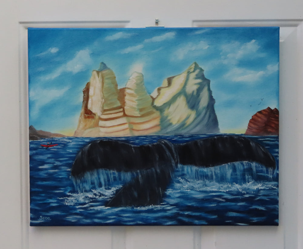 original oil painting, icebergs, ocean, kayaker and whale tail, unframed