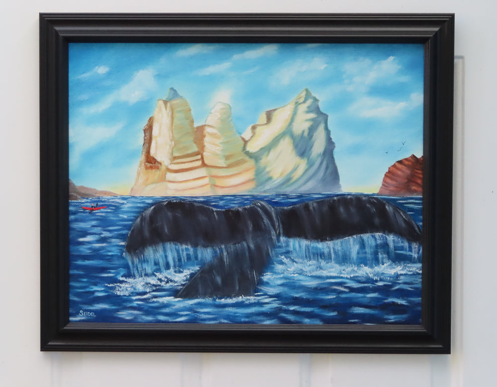 original oil painting, ocean, icebergs,kayaker and whale tail, framed