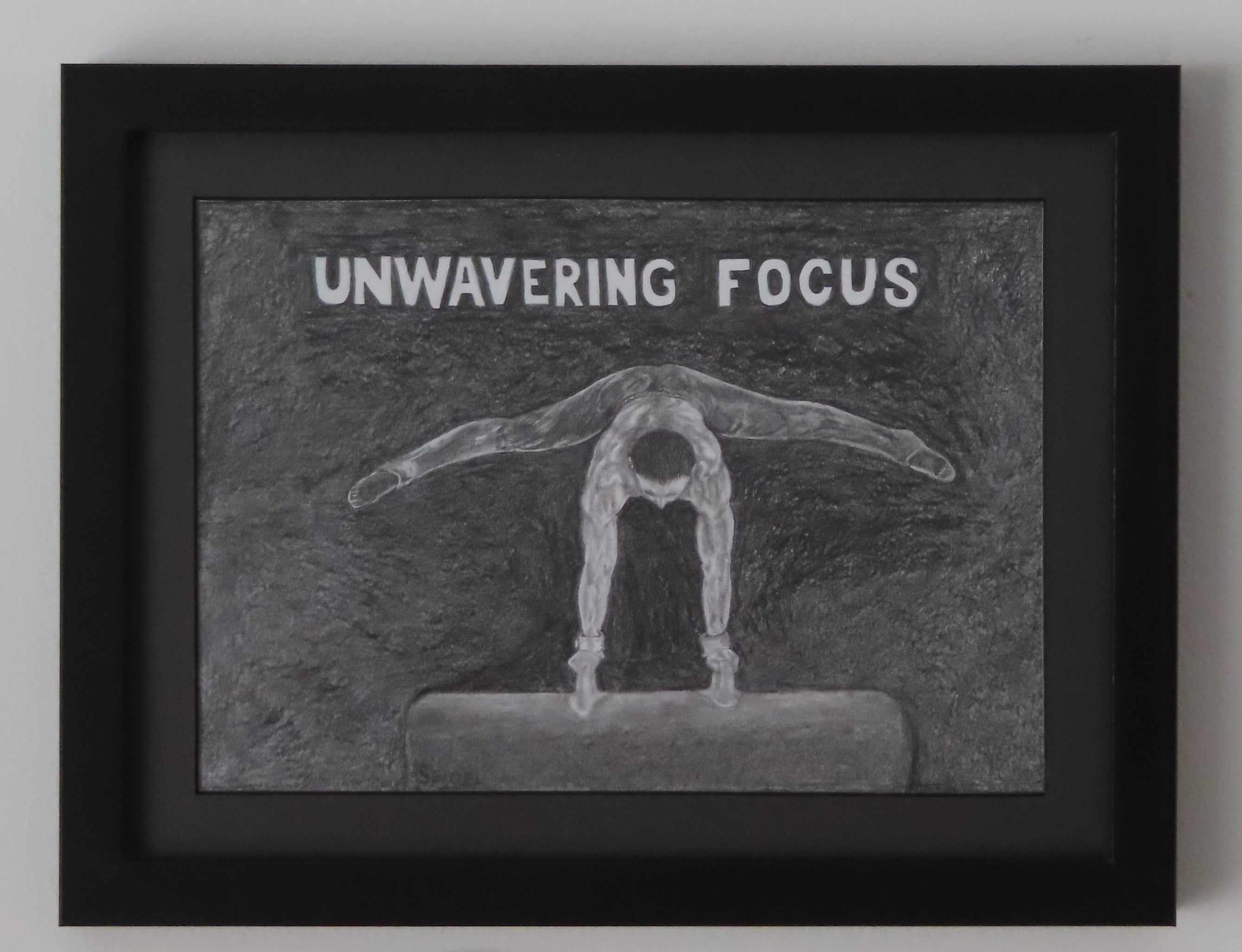 original graphite drawing of gymnast on pommel horse, framed