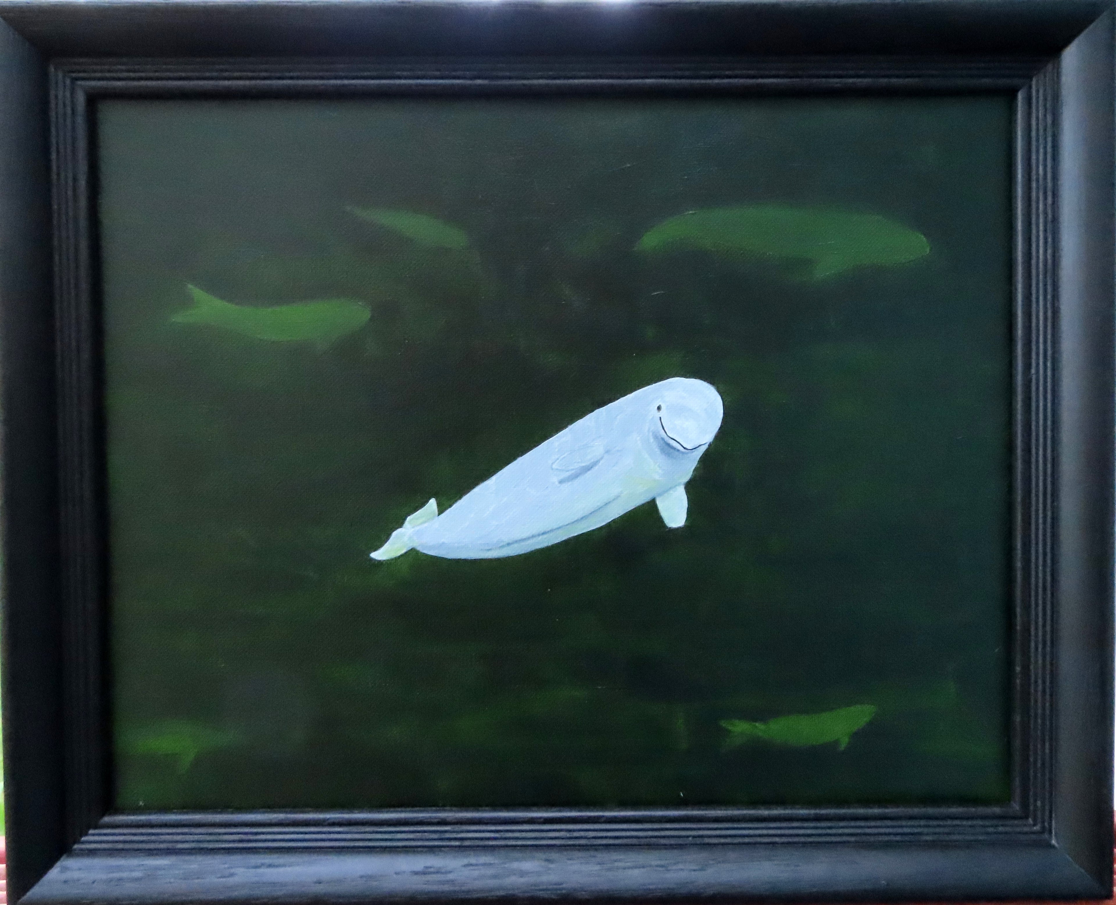 Framed Oil Painting of beluga whale in emerald ocean