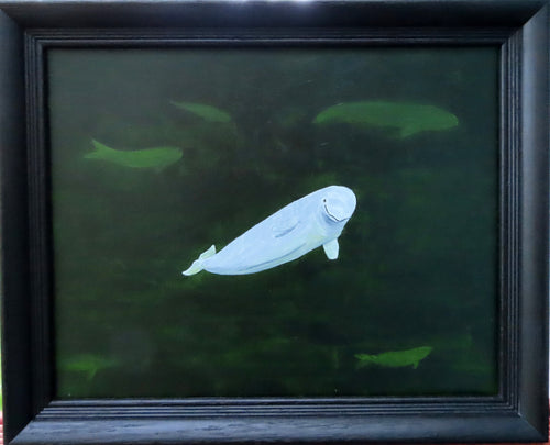 Framed Oil Painting of beluga whale in emerald ocean