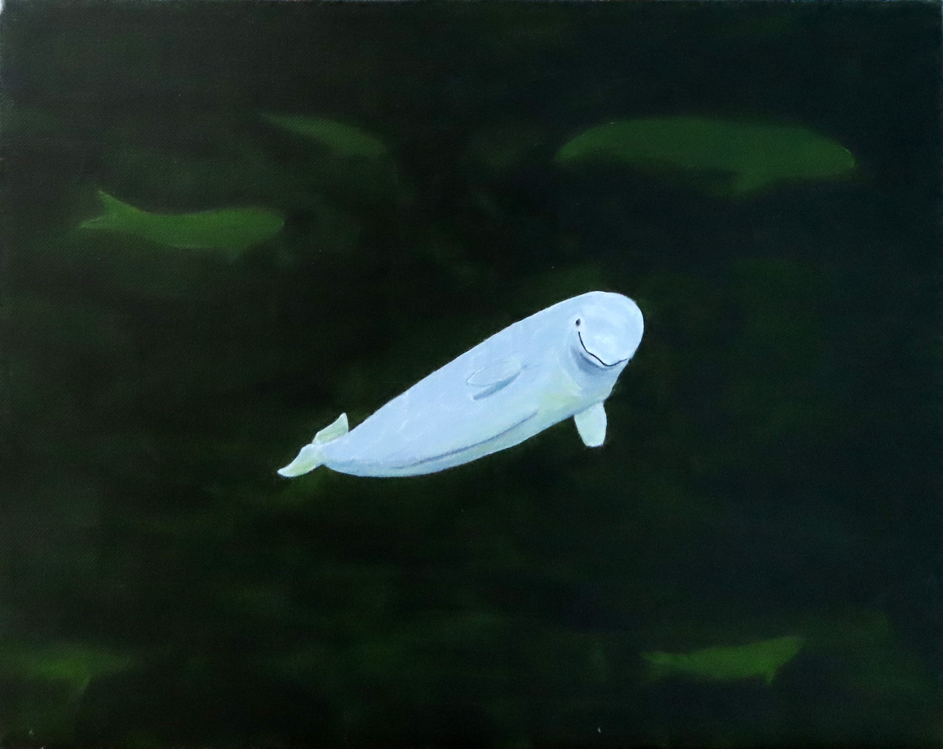 A Beluga Smile Unframed Oil Painting beluga whales in emerald colored ocean