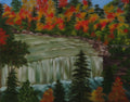 original oil painting of bright autumn colors contrast with evergreens and waterfalls