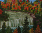 original oil painting of bright autumn colors contrast with evergreens and waterfalls