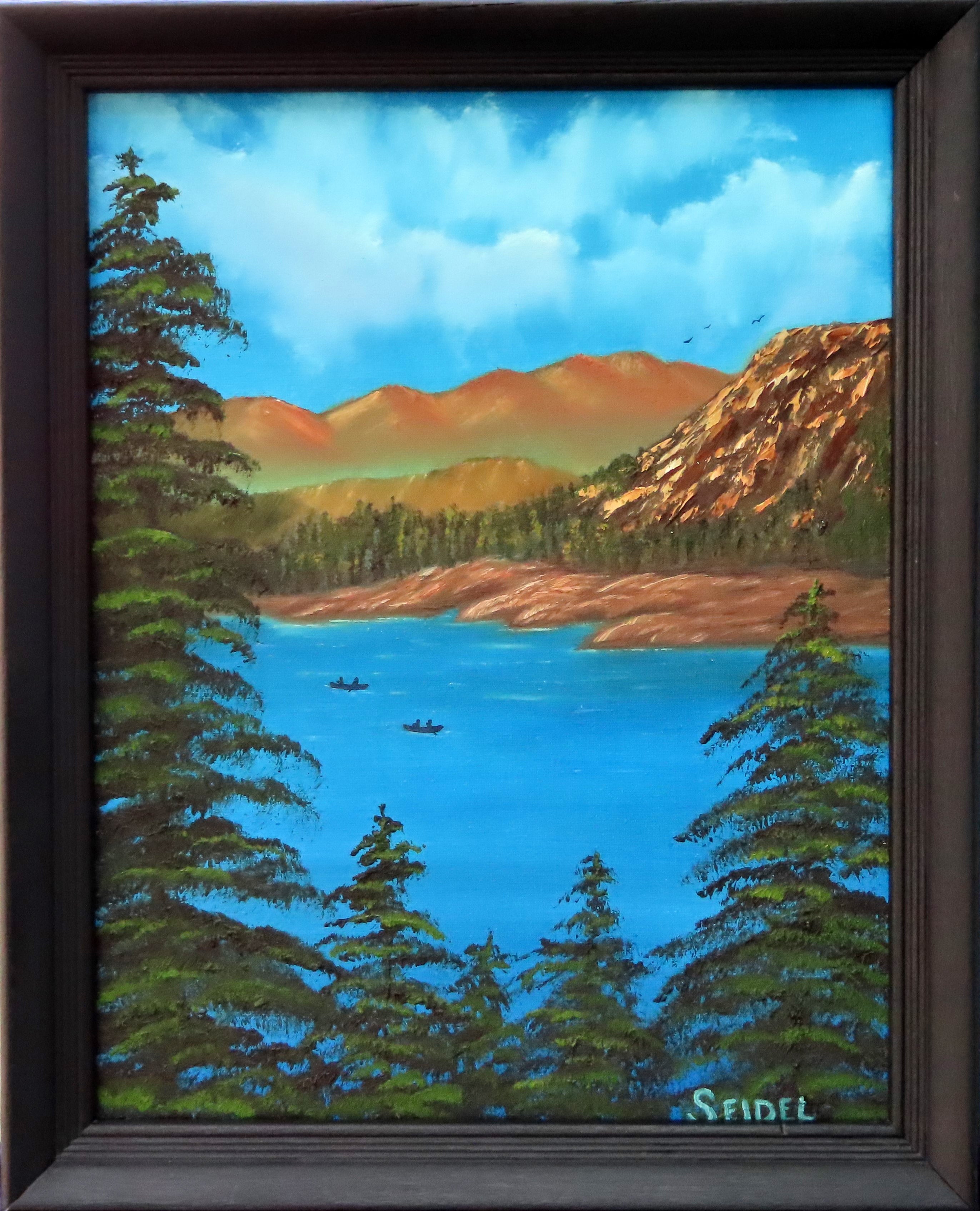 Big Almaty Lake Framed Original Oil Painting mountains, canoes evergreen trees