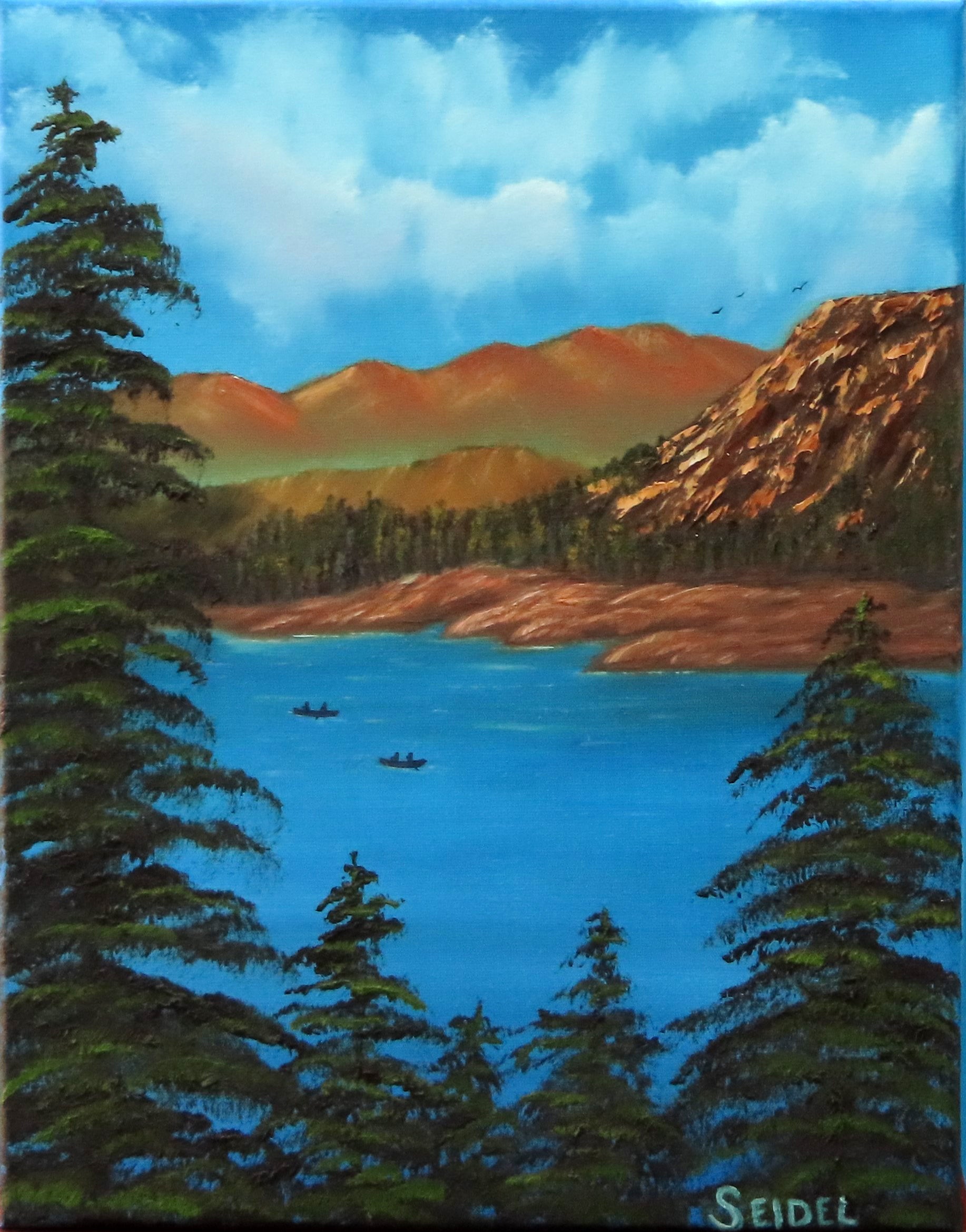 Big Almaty Lake, evergreen trees, mountains, canoes, Unframed Original Oil Painting