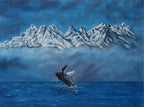 Original oil painting of Humpback whale breaches in front of misty mountains, unframed